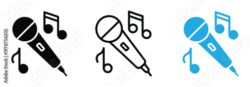Microphone with music note symbol icon. Set of microphone and music note icons in black, white and blue for music or recording concepts