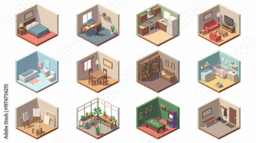 A 3D isometric icon set depicting various rooms and interior spaces in a set of colorful illustrations.