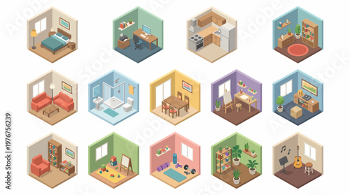 3D isometric icon set of various rooms in a house interior