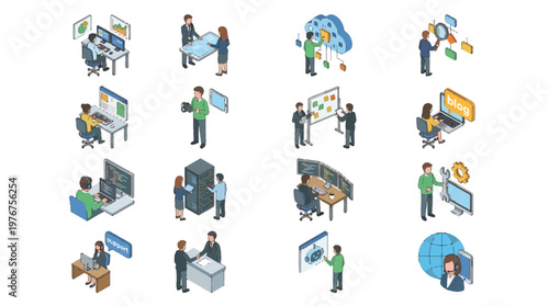 Isometric 3D icon set depicting business professionals working in an office environment.