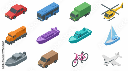A 3D isometric icon set of various transportation vehicles on a white background