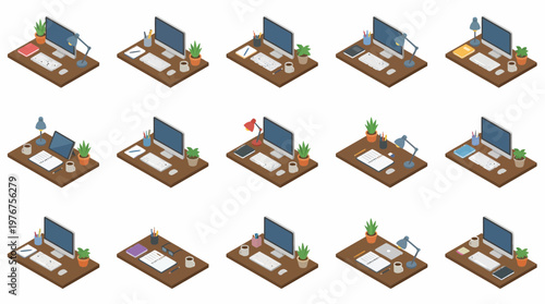 Isometric 3D icon set of office desks with computers and accessories