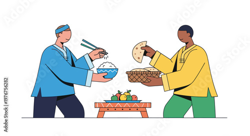 Two men exchanging food one with chopsticks and bowl the other with flatbread and basket sharing meal