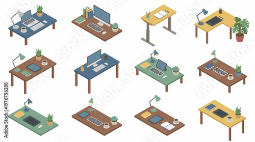 Isometric 3D icon set of office desks with computers and lamps in various settings.