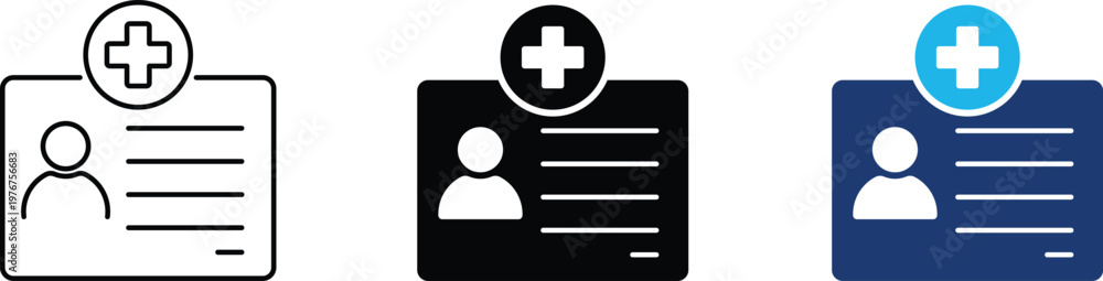 Obraz premium Medical ID icon showing professional health insurance and patient identification. Professional illustration for clinical records management, healthcare membership cards, and emergency contact data.