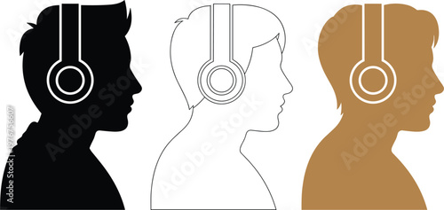 Man Profile Silhouette Wearing Headphones Vector Set In Black Outline And Brown
