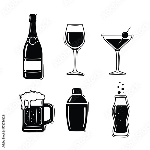 Set of black and white vector icons of alcoholic and nonalcoholic drinks.