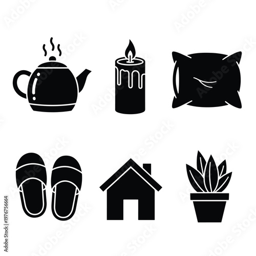 Set of black silhouette home comfort and cozy lifestyle icons.