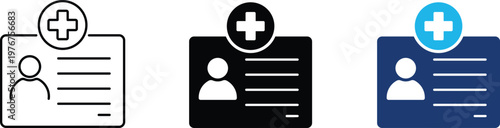 Medical ID icon showing professional health insurance and patient identification. Professional illustration for clinical records management, healthcare membership cards, and emergency contact data.