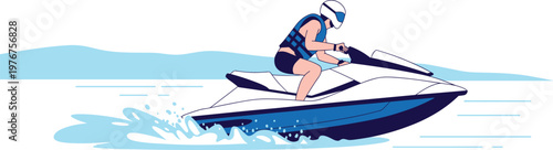 Jet ski rider illustration on water, extreme summer sport activity, personal watercraft racing scene, adventure leisure concept, vector design