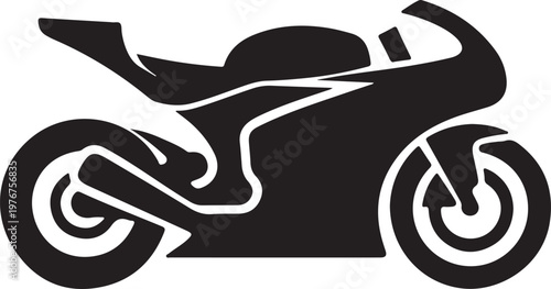 Black and white outline of a racing motorcycle with detailed wheels and streamlined body