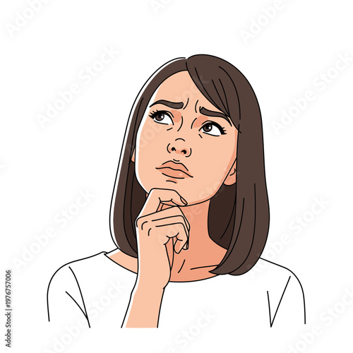 Woman with hand on chin thinking 6.