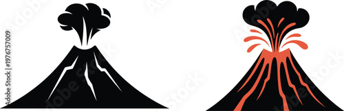 Volcanic Eruption Silhouette Icons With Red Lava Flow And Ash Plume Details