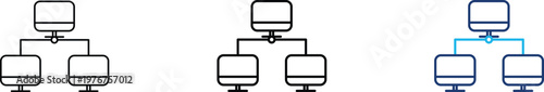 Network topology icon showing professional computer architecture and digital system infrastructure. Professional illustration for local area network, cloud computing setup, and server hierarchy.