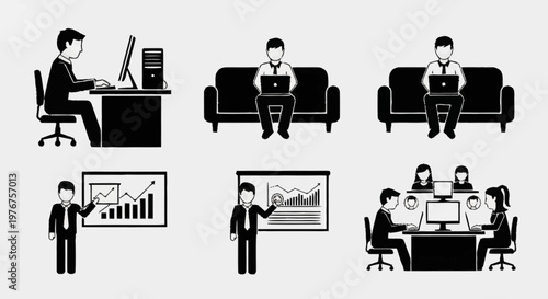 Illustrations of people working in various business settings and scenarios.