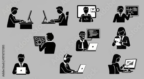 Illustrations of people working on computers and attending video conferences.