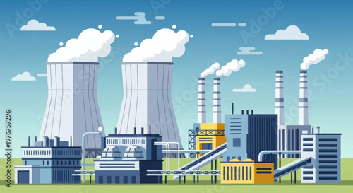 Illustration of a Nuclear Power Plant with Cooling Towers and Smoke.