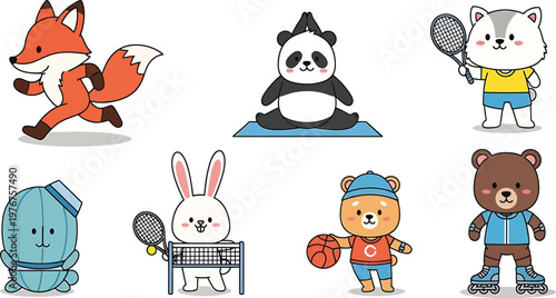 Cute cartoon animals doing sports and activities vector illustration set.