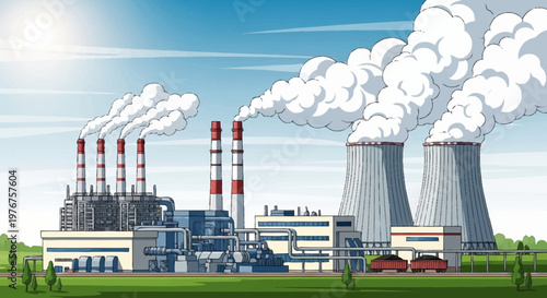 Illustration of a power plant emitting smoke into the atmosphere.