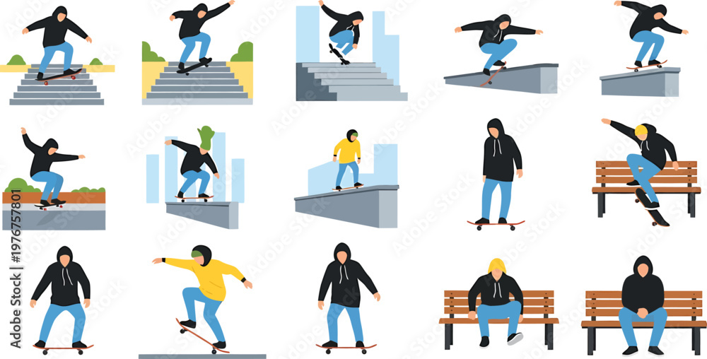 Fototapeta premium Skateboarder Performing Tricks Flat Design Vector Illustration Set Collection