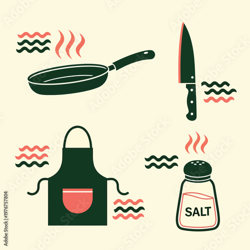 Set of minimalist kitchen utensils and cooking accessories icons.