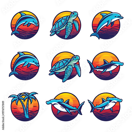 Set of nautical emblems with dolphins turtles hammerhead sharks and palm trees.