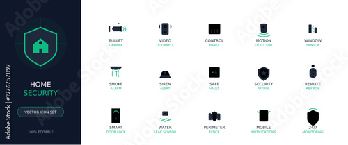 Home Security System Icons Modern Digital Safety Surveillance Control Panel Vector Set
