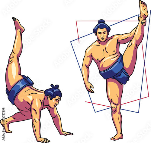 Sumo Wrestler Flexibility Training Exercise Cartoon Vector Illustration