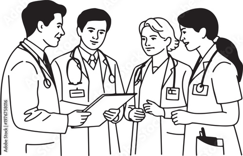 Medical team discussing patient records in a hospital setting