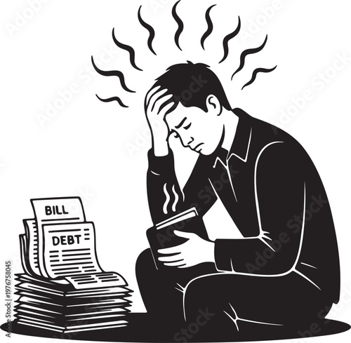 Stressed man overwhelmed by bills and debt, holding coffee