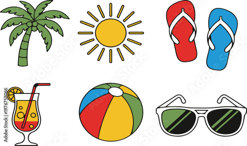 Vibrant Summer Vacation Icons with Palm Tree and Beach Items