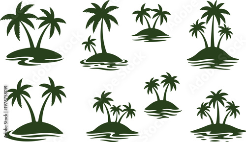 Silhouettes of Tropical Palm Trees on Small Islands in Water
