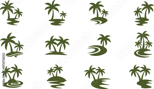 Tropical palm trees on islands in minimalist style vector set