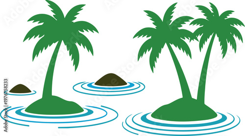 Tropical paradise with two palm trees on small islands in water