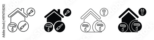House painting renovation. Creative logo design combining a paintbrush with paint  simple house icon to represent home painting services.House repair and painting icons set with tools.
