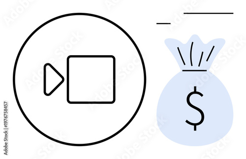 Video creation, digital advertising, online revenue, streaming platforms, financial strategies, content monetization. Film icon next to a sack with a dollar sign. Video creation and digital