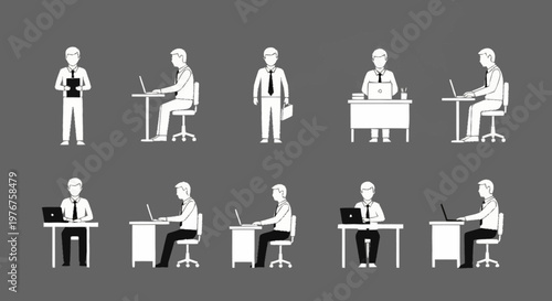 Illustrations of Business People Working at Desks and Standing.