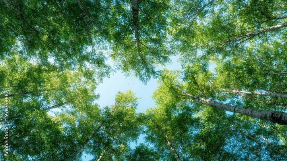 Fototapeta premium Low Angle View of Lush Tree Canopy with Bright Blue Sky and Sunlight Filtering Through Leaves