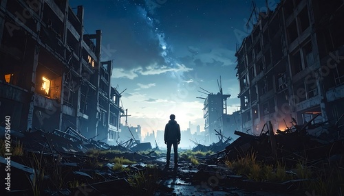 A lone figure stands amidst a desolate, post-apocalyptic cityscape