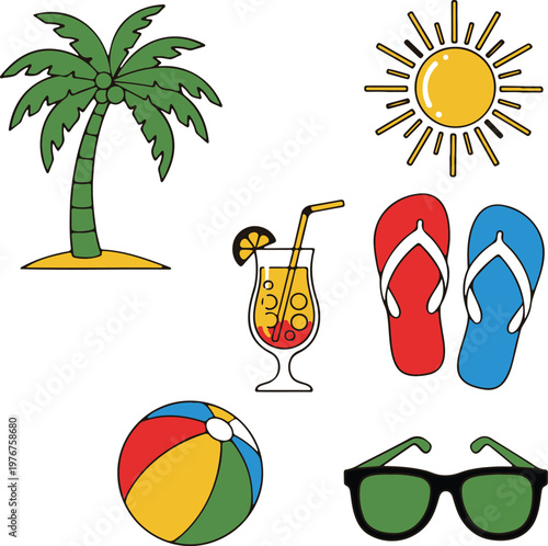Colorful Summer Vacation Icons with Palm Tree and Beach Items
