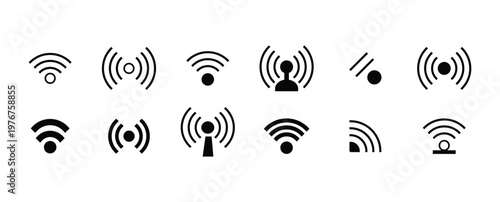 Icon wifi signal. Wireless internet symbol. Set of sign for connect of network.  Contains linear outline icons like Connection, Signal, Internet, Phone, Radio, Computer, Wifi, Communication. 