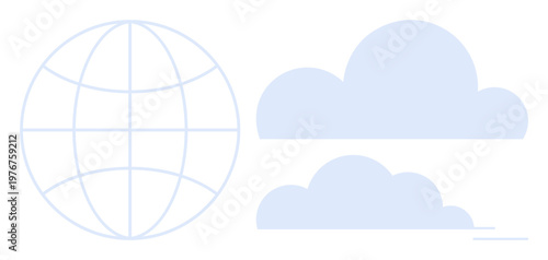 Cloud computing, global connection, digital services, data storage, internet access, worldwide network. Abstract globe alongside clouds. Cloud computing and global connection concept