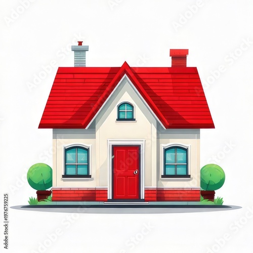 Cartoon house with red roof, white walls, and green bushes