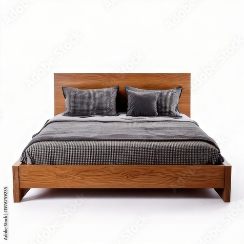 Simple wooden bed with bedding against a white backdrop