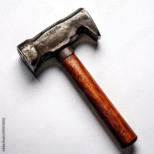 Close-up of a weathered hammer on a white surface