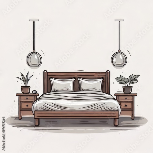 Bedroom scene with bed, nightstands, and hanging lights