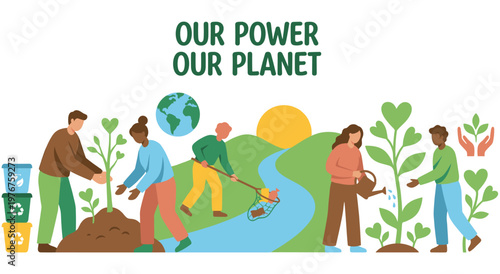People actively involved in environmental protection. Planting trees, cleaning water, watering plants, and showing care for earth. Symbolizing collective effort for planet.