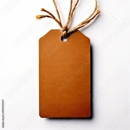 A blank brown tag tied with twine, on white