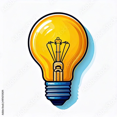 Bright cartoon-style lightbulb on white, shadow cast