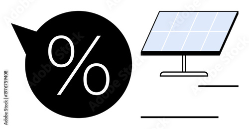 Renewable energy, green technology, cost efficiency, sustainability, solar savings, energy calculation. Flat design of a solar panel and percentage symbol. Renewable energy and green technology theme